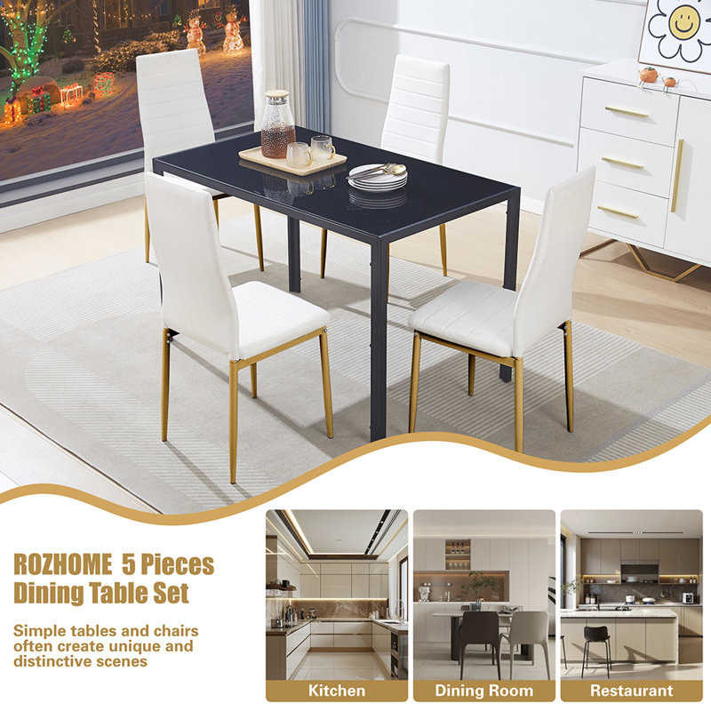 4 - Person Dining Set, White/Gold, Black