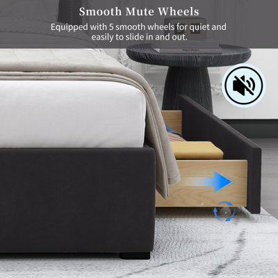 57" Velvet Button Tufted Wingback Queen Bed Frame with Storage Drawers, No Box Spring Needed, Black