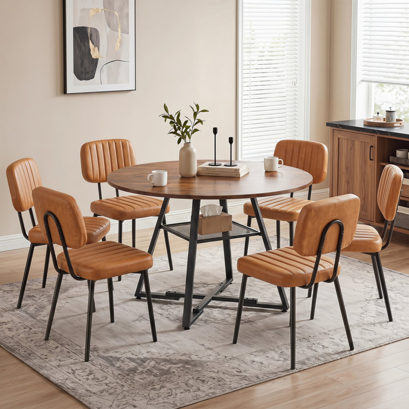 Industrial 47" Round Dining Table Set With Upholstered Chairs, Brown, 7 Pieces: Table, 6 Chairs, Rust Brown