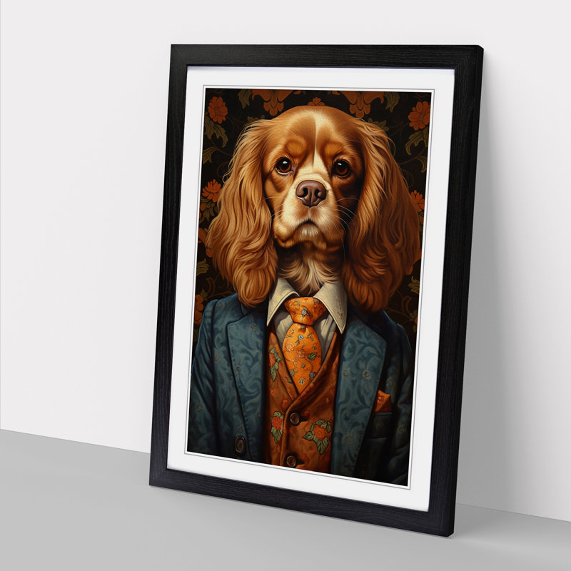 Cavalier King Charles Spaniel In A Suit Painting No.3 - Single Picture Frame Print on Wood, 64cm H x 46cm W x 2cm D