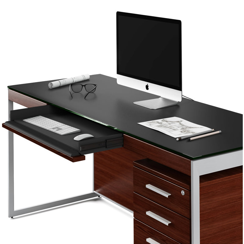 Sequel 20 Writing Desk, 24.75" H x 66" W x 24" D, Chocolate Stained Walnut/Satin Nickel