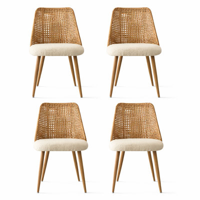 Set of 4 PE Rattan Upholstered Boucle Side DIning Chair White