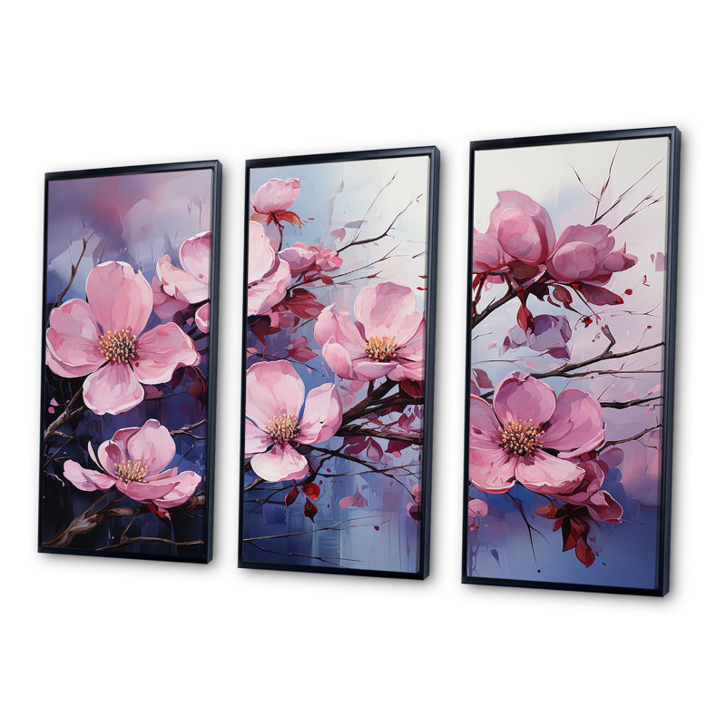 Dogwood Blossoms In Amethyst Hues - ensemble d'art mural cornouiller, Cadre flottant noir, H 40 po x l 60 po x P 1 po
