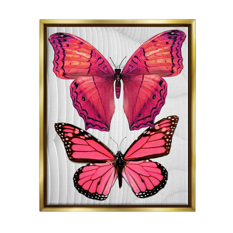 Papillons roses modernes encadrés sur bois, impression, H 21 po x l 17 po x P 1,7 po, Cadre flottant métallique doré
