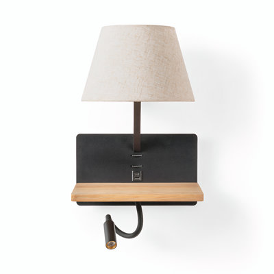 Artin Modern Reading Wall Light With Usb & Usb-c Ports, Adjustable Led Spotlight, Fabric Shade And Wood Shelf