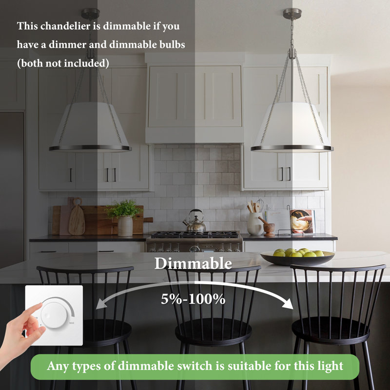 4-Light 18.9" Dimmable Fabric White Drum Shade Chandelier With Industrial Metal Frame For Kitchen Island Dining Room, Nickel