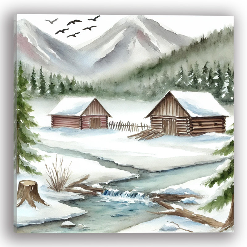 Mountain Refuge: Rustic Cabins by a Frozen Creek Canvas Print, 12" H x 12" W x 1" D