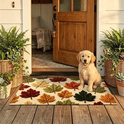 Tapis de porte antidérapant intérieur/extérieur, 61 x 91 cm, motif de feuilles brodées