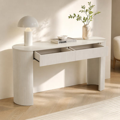 Table d'entrée avec design cannelé TREXM, console moderne avec rangement, plateau ovale et 2 tiroirs pour l'entrée et le salon (blanc champagne)