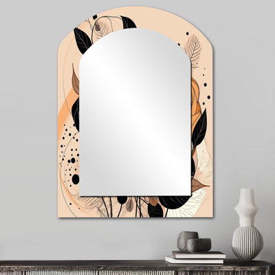 Retro Terracotta Wildflowers Illustration V - Botanicals Asymmetrical Large Wall Mirror, Brown Arch Decorative Mirror, Printed Metal Art