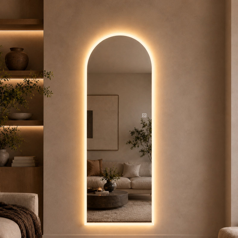 Miroir pleine longueur arqué à DEL de 65 po x 21 po, miroir mural éclairé couvrant tout le corps avec éclairage à bord dépoli, 3 températures de couleur et gradation continue, miroir HD pour chambre et placard