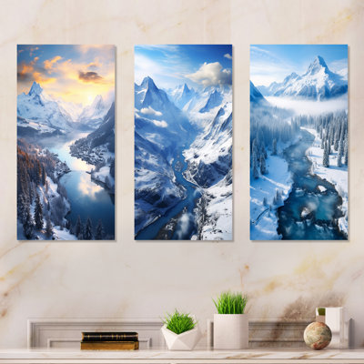 «Pine Valley Winter Mountain Landscape I», ensemble d'art mural en métal paysage d'hiver
