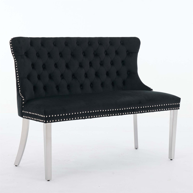 Banc double en velours de conception moderne Mid-Century avec capitonnage fait à la main et pieds en acier inoxydable brossé