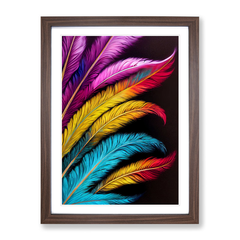 Vibrant Feathers No.2 - Wall Art, 66cm H x 48cm W x 3cm D, Walnut Framed Paper, White