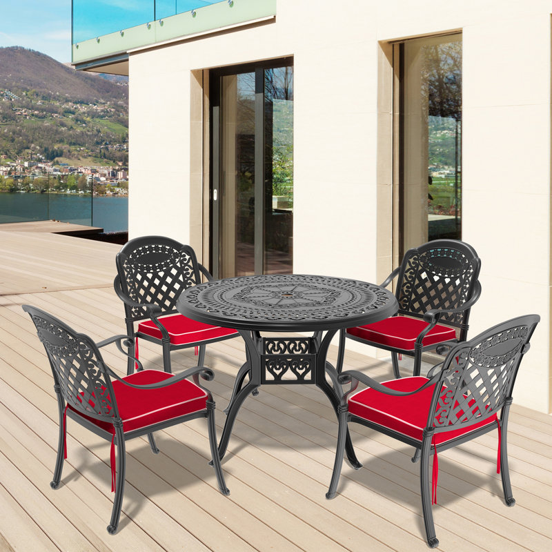 Ensemble de 5 meubles de patio en aluminium coulé avec cadre noir et coussins de siège rouges, 4