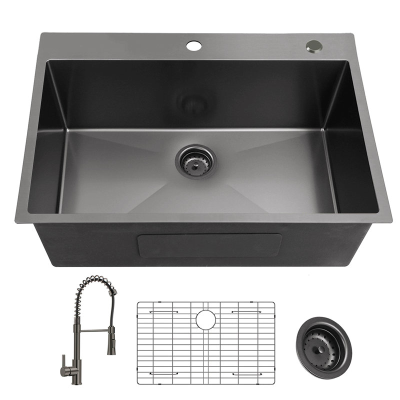 Évier de cuisine 33 pouces en acier inoxydable de calibre 18 avec robinet à col noir
