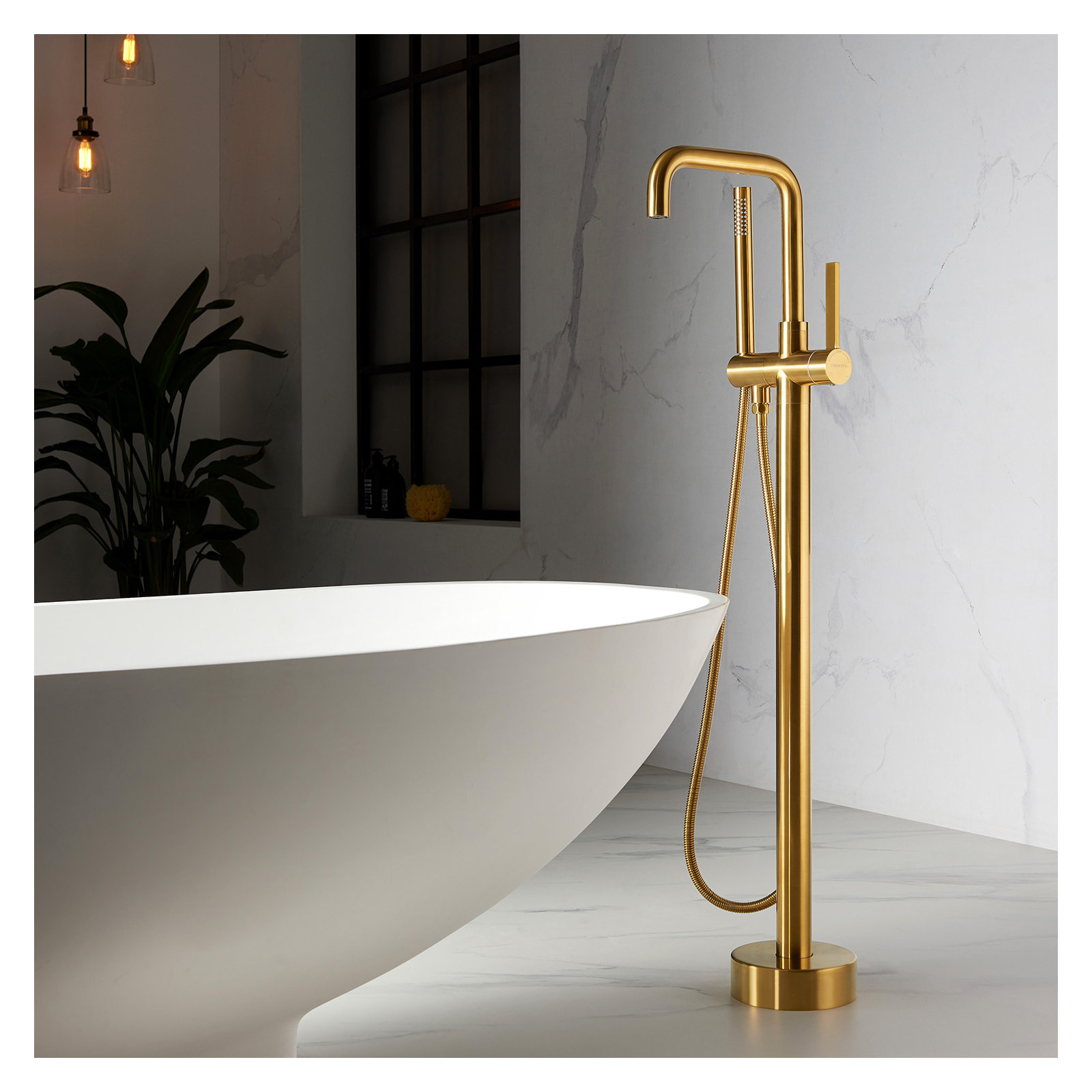 Delara Bathroom Freestanding Tub Filler with Diverter, Brushed Gold