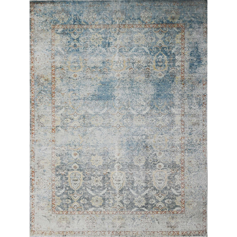 Hand Knotted Wool Oriental Area Rug in Blue/Silver/Rust, Rectangle 5' x 8'