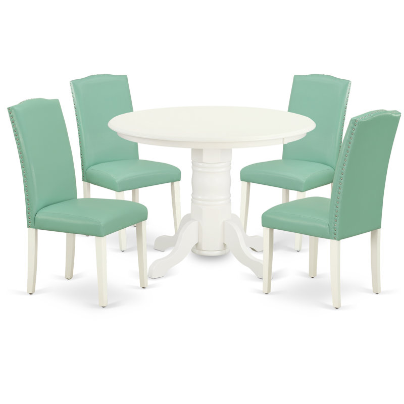 Ensemble de salle à manger 5 pièces comprenant une table ronde avec pied central et 4 chaises Parson rembourrées en similicuir blanc, 107 x 107 cm (42 x 42 pouces).
