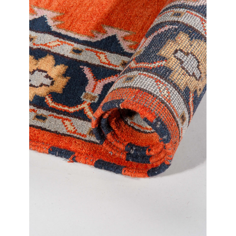Tapis d'intérieur oriental noué à la main en soie et laine, orange foncé et marine, Rond 4 pi