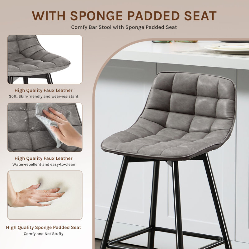 Upholstered Faux Leather Bar Stool with Steel Frame, Dark Gray, 1
