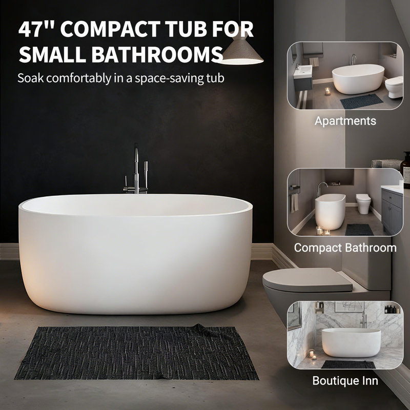 51" Freestanding Solid Surface Bathtub Modern Designed Resin Stone Bathtub With Pop-Up Drainage And Overflow Pipes