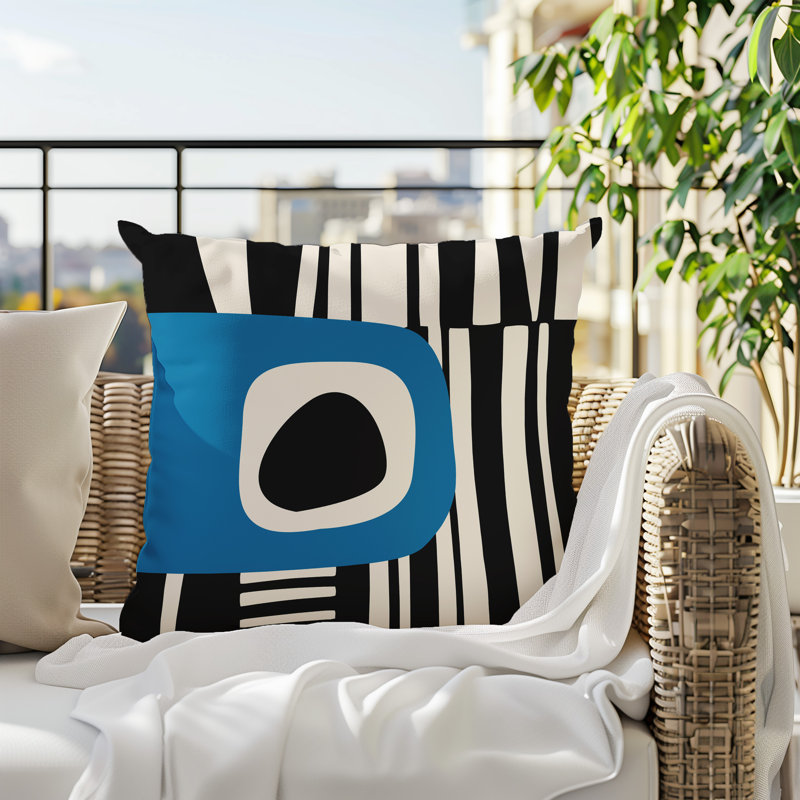 Oreiller carré réversible intérieur / extérieur Jina, H 19 po x l 19 po, Turquoise / noir / blanc cassé abstrait