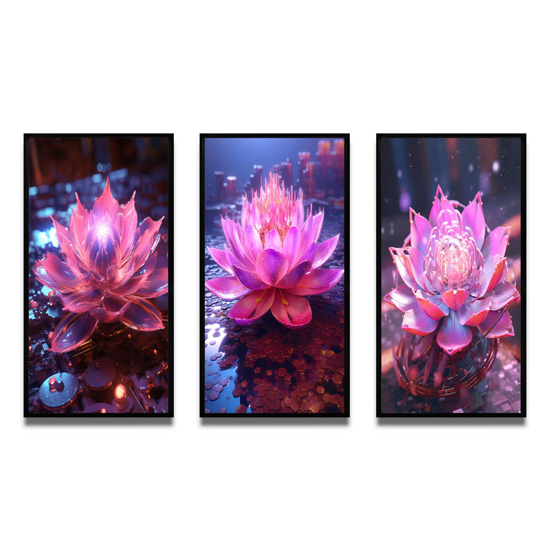 «Radiant Pink Blossoming Lotus Luminescent», 3 pièces sur toile, Cadre flottant noir, H 32 po x l 48 po