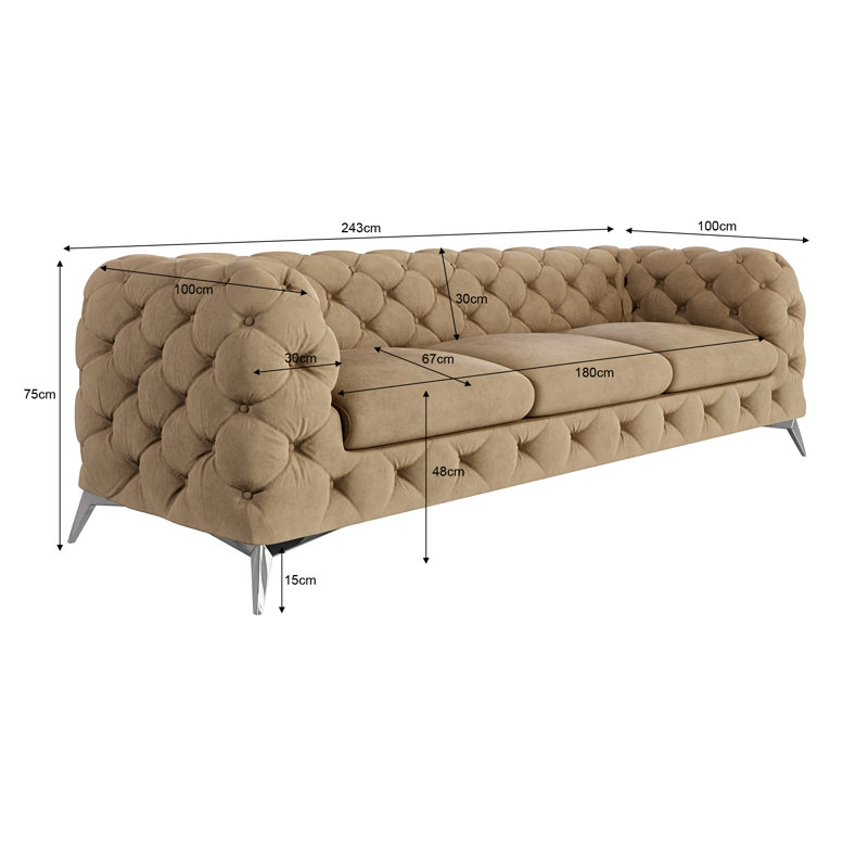 Chesterfield Sofa  3 Seater with Silver Metal Legs, Beige
