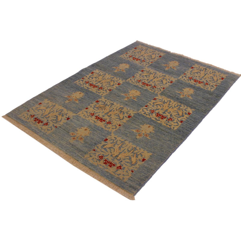 Tapis bleu / beige en laine noué à la main 4 pi 2 po x 5 pi 10 po Silke Southwestern