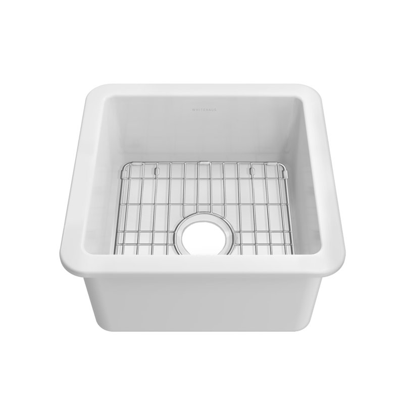 Whitehaus Collection Undermount Single Bowl Fireclay Kitchen Sink with Stainless Steel Grid, 9" H x 18" L x 18" D