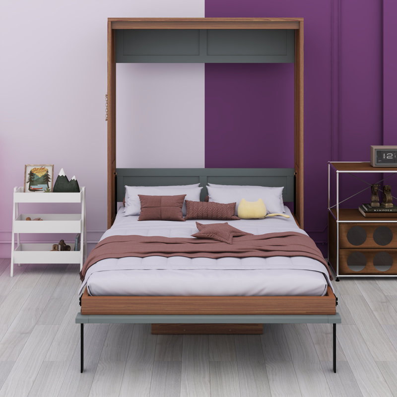Lit escamotable mural peu encombrant avec bureau pliable intégré, Walnut & Grey