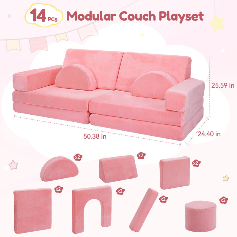 Kids Couch Sofa 14Pcs Creative Modular Toddler Couch Convertible Toddler Play Sofa For Playroom Creative, Pink