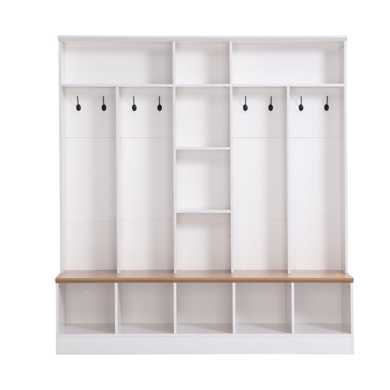 Wide Design Hall Tree With Storage Bench, Minimalist Shoe Cabinet With Cube Storage & Shelves, Multifunctional Coat Rack With 8 Hooks For Entryways, Mudroom, White 