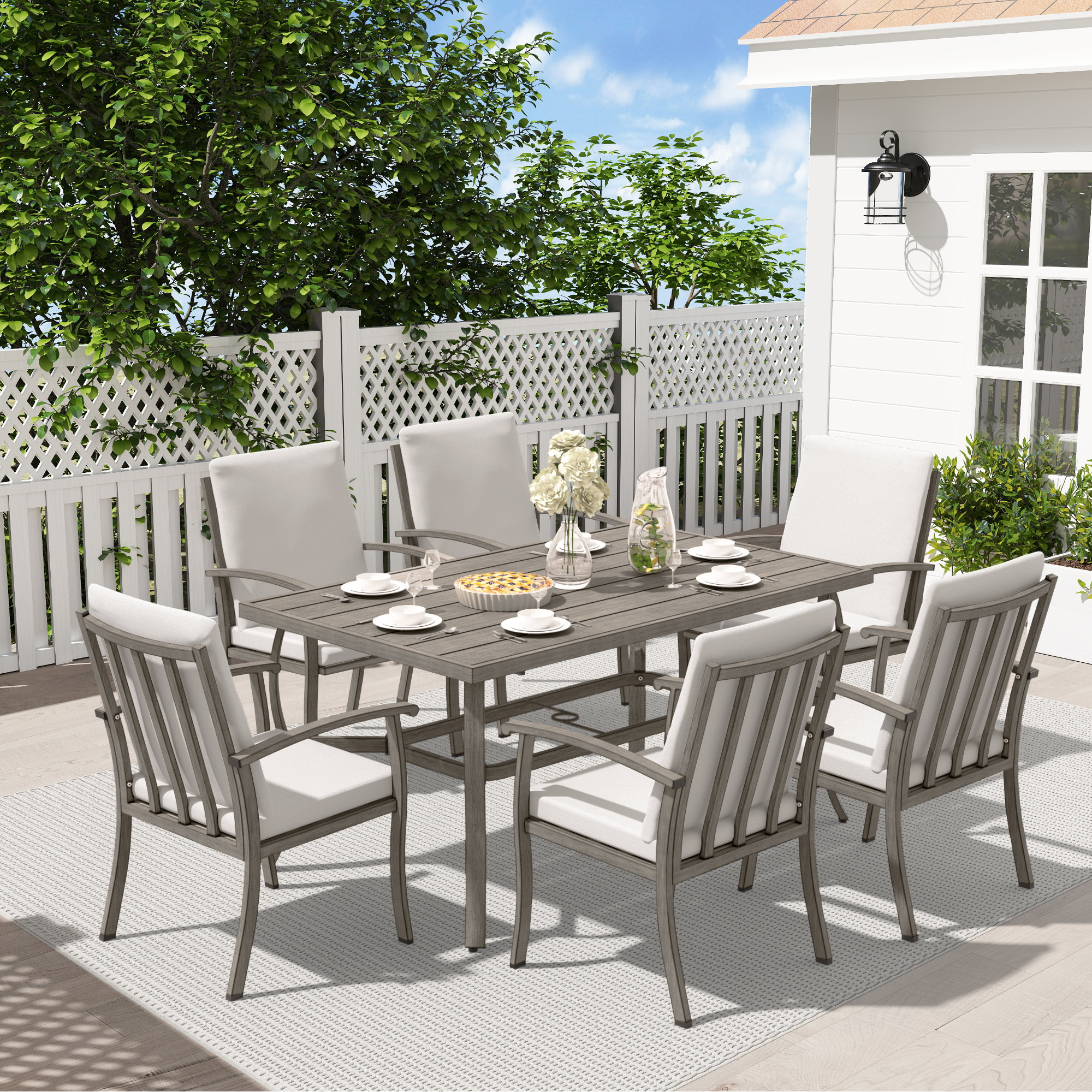 Willesden Rectangular Aluminum Dining Set with Cushions, Gray, 6