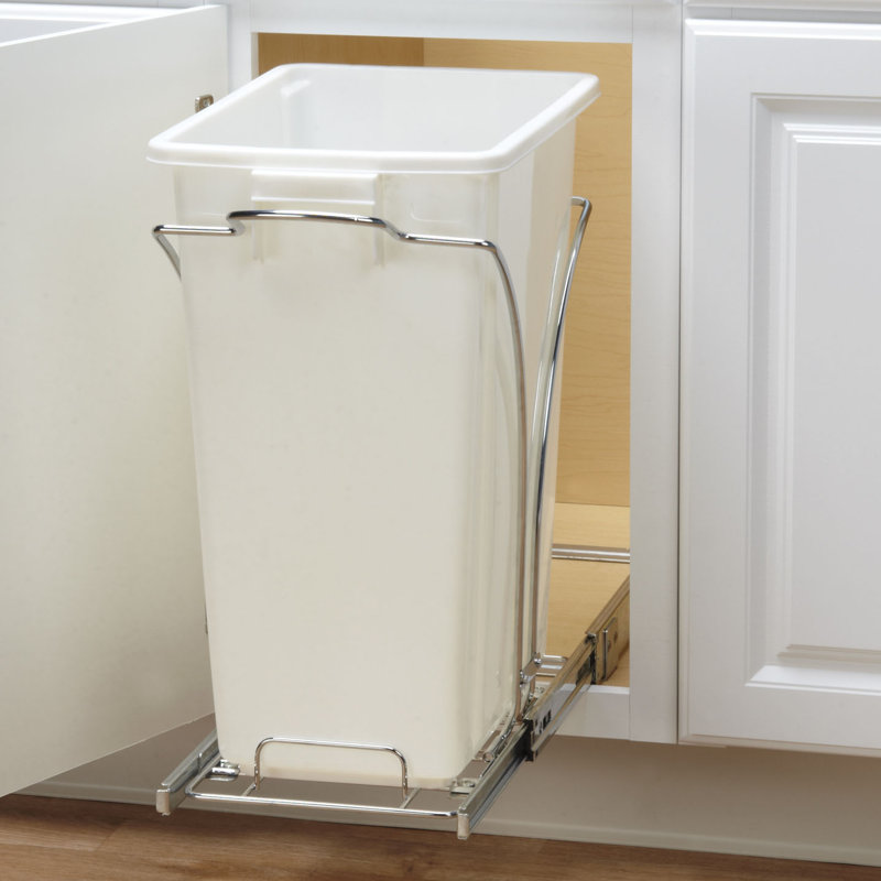 GlidezChrome-PlatedSteelPull-Out/Slide-OutDiscreetSinglePlasticTrashCanforUnderCabinetUse-FitsStandardSizeCabinet, White