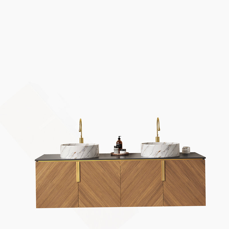 Meuble-lavabo de salle de bain 60 po ARAI, armoire de rangement murale en contreplaqué avec 4 portes, 2 lavabos ronds blancs en céramique avec motif en pierre et comptoir en pierre frittée noire, couleur grain de bois de chêne brun