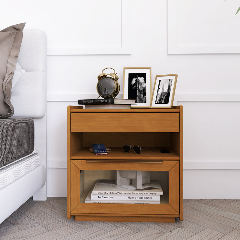 Mid Century Modern Nightstand With Charging Station & Outlet Hole & 2 Drawers