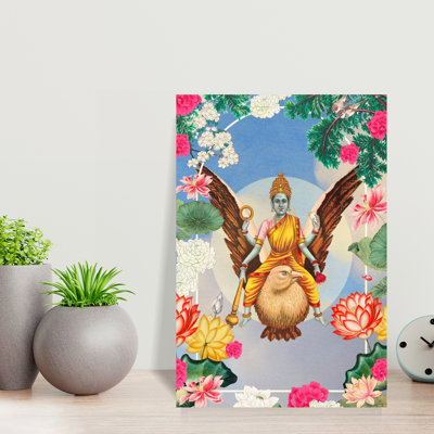 Déesse indoue, cadre floral coloré, oiseau serein traditionnel, fleur de lotus, art mural
