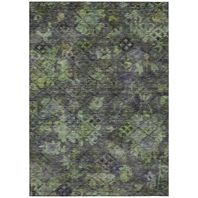 Green and Gray Flat Woven Synthetic Washable Area Rug 5' x 7'