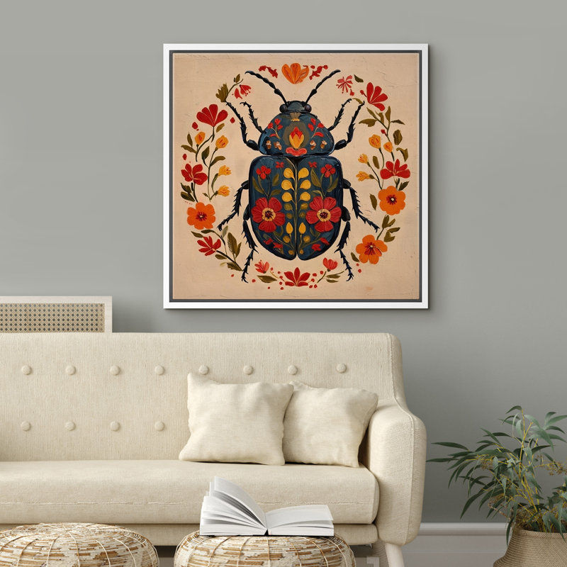 «Folk Art Beetle», reproduction d'art sur toile encadrée - Illustration d'insectes colorés avec des accents de couronne florale