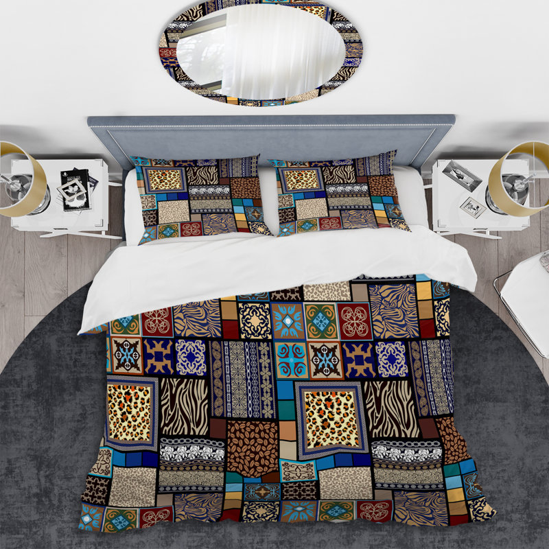 Multicolor Ethnic Patchwork - Abstract Duvet Cover Set - Microfiber Polyester, King Duvet Cover + 2 King Shams