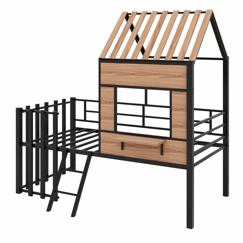 Metal Loft Bed With Roof, Window, Guardrail And Ladder, Black
