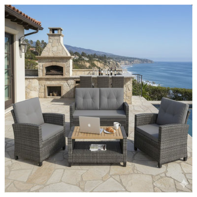 4-Piece All-Weather Wicker Outdoor Patio Conversation Set with Loveseat and Armchairs, Grey and Brown
