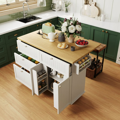 Ensemble d'îlot de cuisine 3 pièces avec 2 tabourets, table de cuisine à abattants avec prise de courant et armoire de rangement 3 pièces