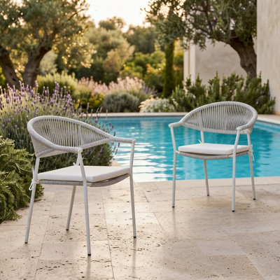 Harbor Stackable All-Weather Patio Dining Chair - Outdoor & Indoor - Rope Rattan Armchairs - Cloudy Beige Powder Coated Steel With Cushions (Set of 2)