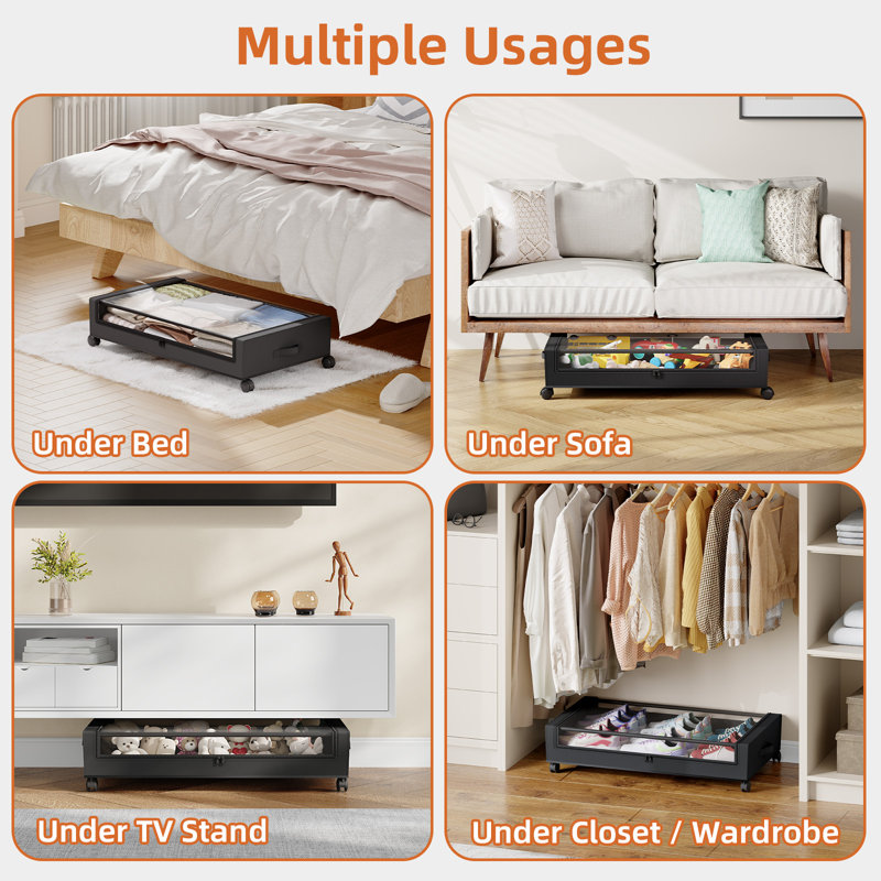  Ensemble de 2 contenants de rangement sous le lit, bac de rangement sous le lit en tissu robuste avec couvercle transparent et 4 roulettes, organisateur sous le lit à l'épreuve de la poussière pour vêtements, chaussures, couvertures, jouets, noir