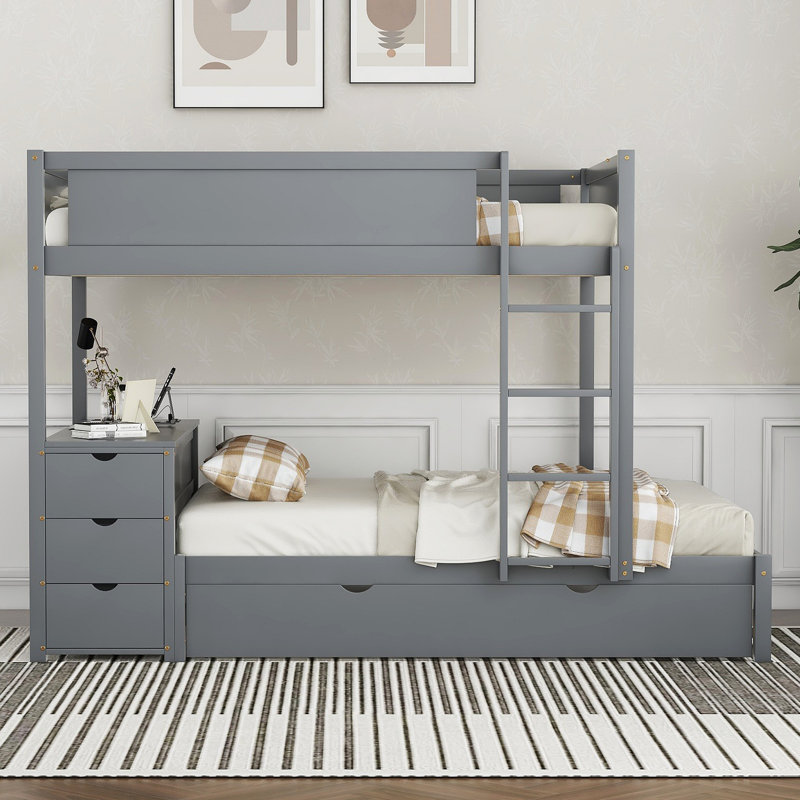 Lit superposé avec lit gigogne, rangement et bureau, Gris, Lit superposé double sur double