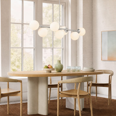 7-Light Glass Globe Modern Nickel Linear Chandelier for Dining Room
