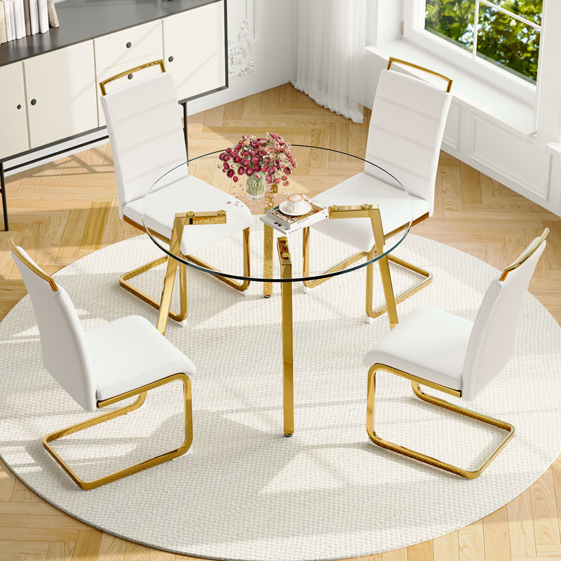 5-Piece Round Glass Dining Table Sets, 29.5"H x 42"L x 42"W, White